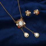 925 Silver Gold Plated Navratan Moissanite Polki Pendant Set