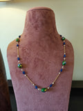 Handcrafted 925 Silver Gold Polished Necklace with Green Floral Porcelain & Blue Lapiz-Style Beads