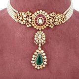 925 Silver Gold Plated Open Polki Choker Set with Semi-Precious Emeralds