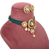 Handcrafted 925 Silver Gold Plated Open Moissanite Polki Bridal Choker Set with Semi-Precious Emeralds