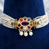 925 Silver Gold Plated Navratan Polki Choker Set with Pearl Strands