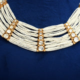 925 Silver Gold Plated Multi-Strand Pearl Choker with Moissanite Polki