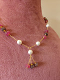 Multi-Semi-precious Melon Beads & Freshwater Pearl Chain in Gold Polished 925 Silver