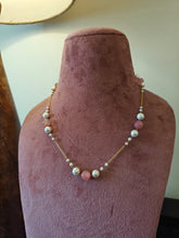 Pink stone & Pearl Station Necklace in Gold Polished 925 Silver