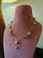 Vintage Floral Porcelain & Multicolor Semi-Precious Stone Chain in 925 Silver Gold Polished