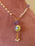 Handcrafted 925 Silver Gold Polished Necklace with Freshwater Pearls & Floral Porcelain Beads