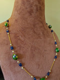 Handcrafted 925 Silver Gold Polished Necklace with Green Floral Porcelain & Blue Lapiz-Style Beads