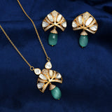 925 Silver Gold Plated Open Moissanite Polki & Green Drop Pendant Set