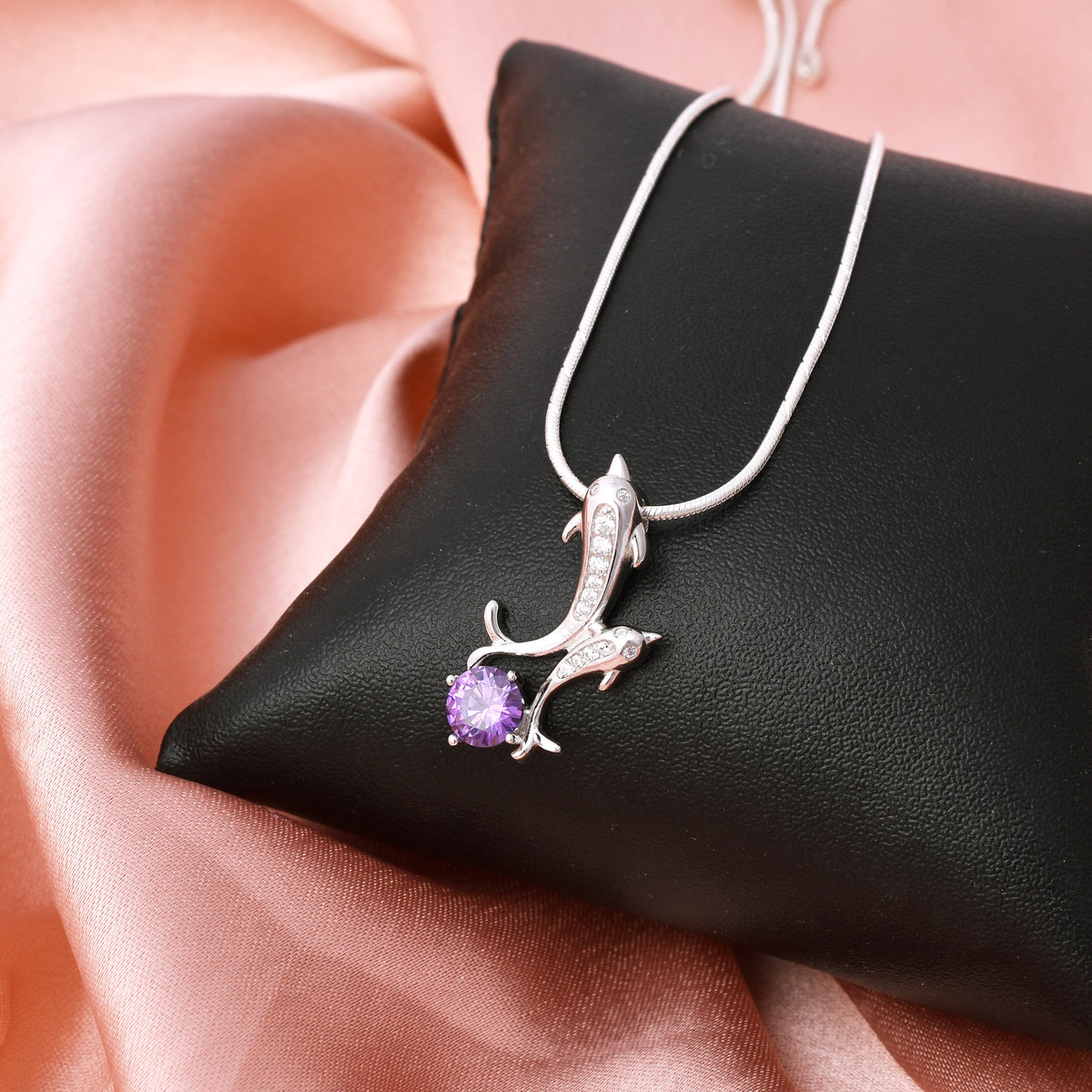 Fish Pendant Amethyst & Zircon Diamond In 925 Sterling Silver By Joy Of Silver