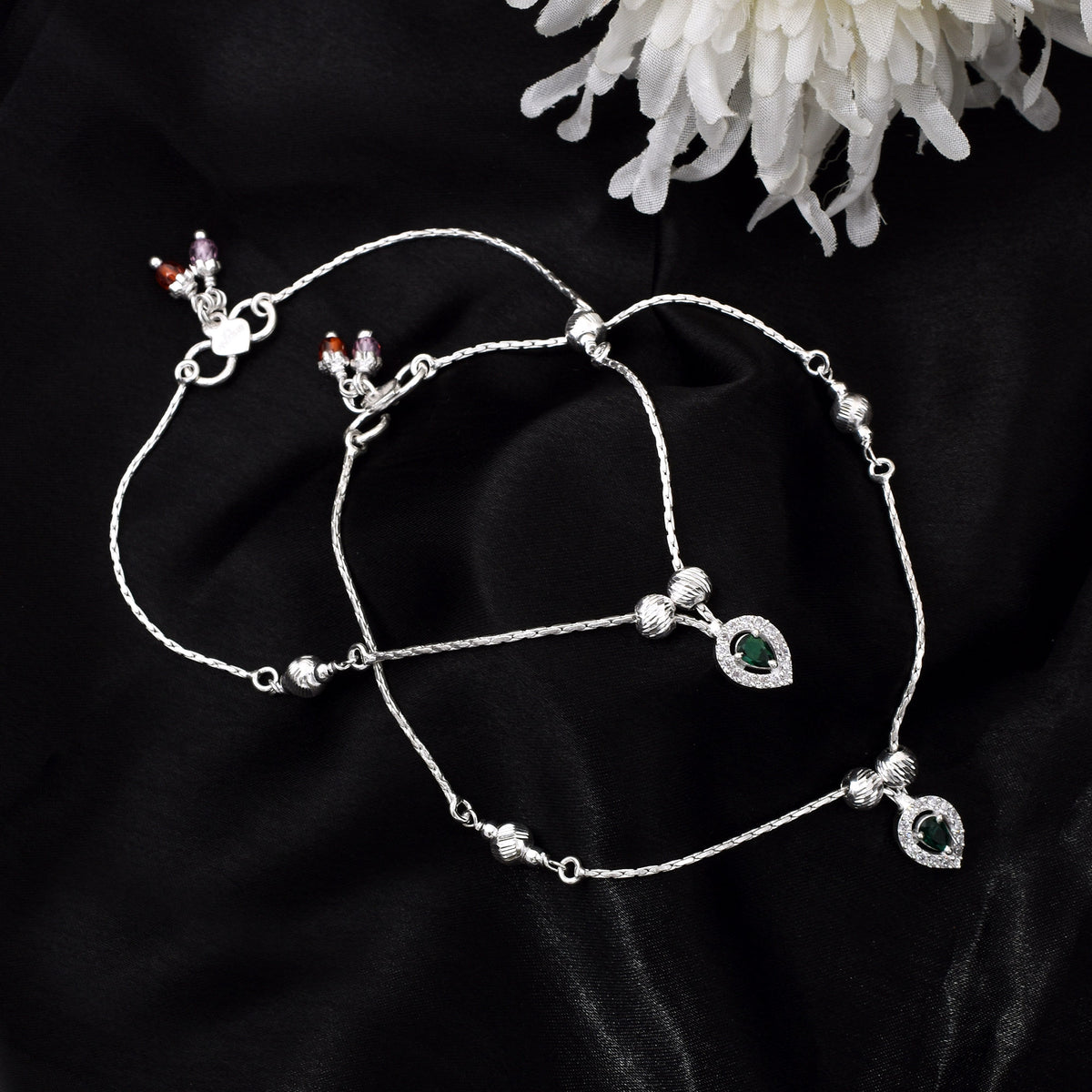 925 Sterling Silver Teardrop Anklet with Emerald Green Stone