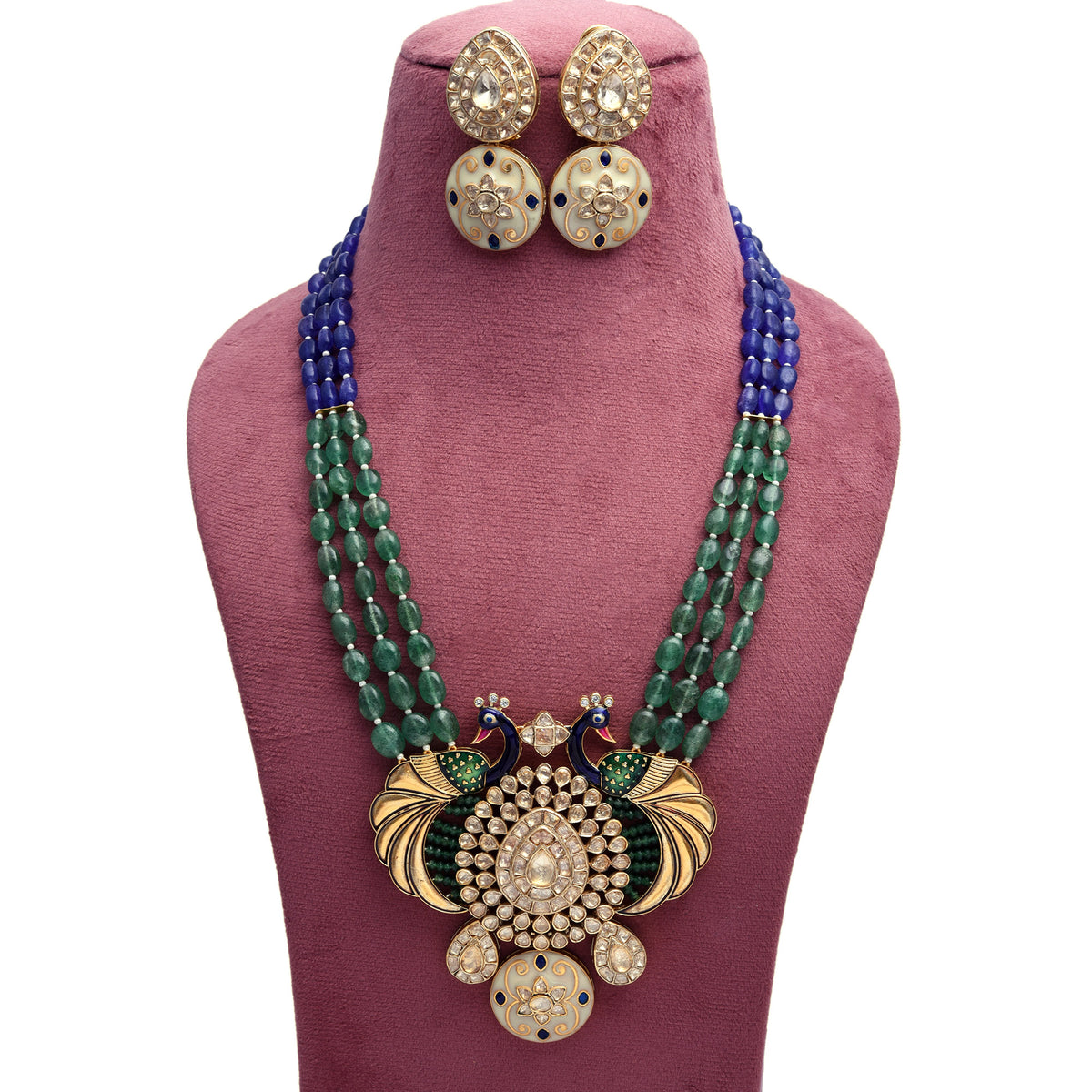 925 Silver Gold Plated Chandbali Polki Necklace with Emerald Green Beads