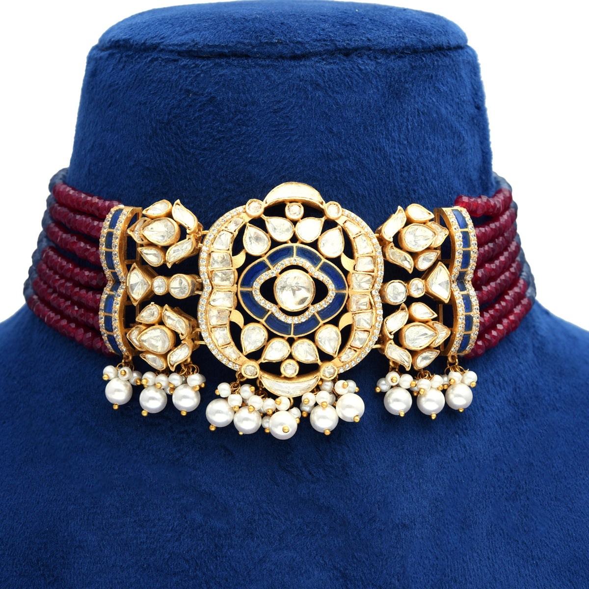 925 Silver Gold Plated Hasli Choker with Moissanite Polki