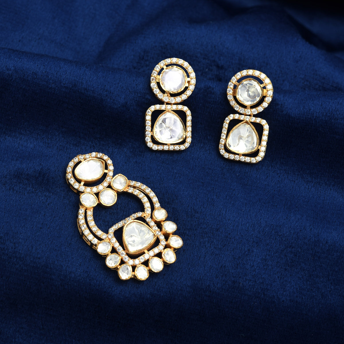 925 Silver Gold Plated Contemporary Moissanite Polki Pendant Set