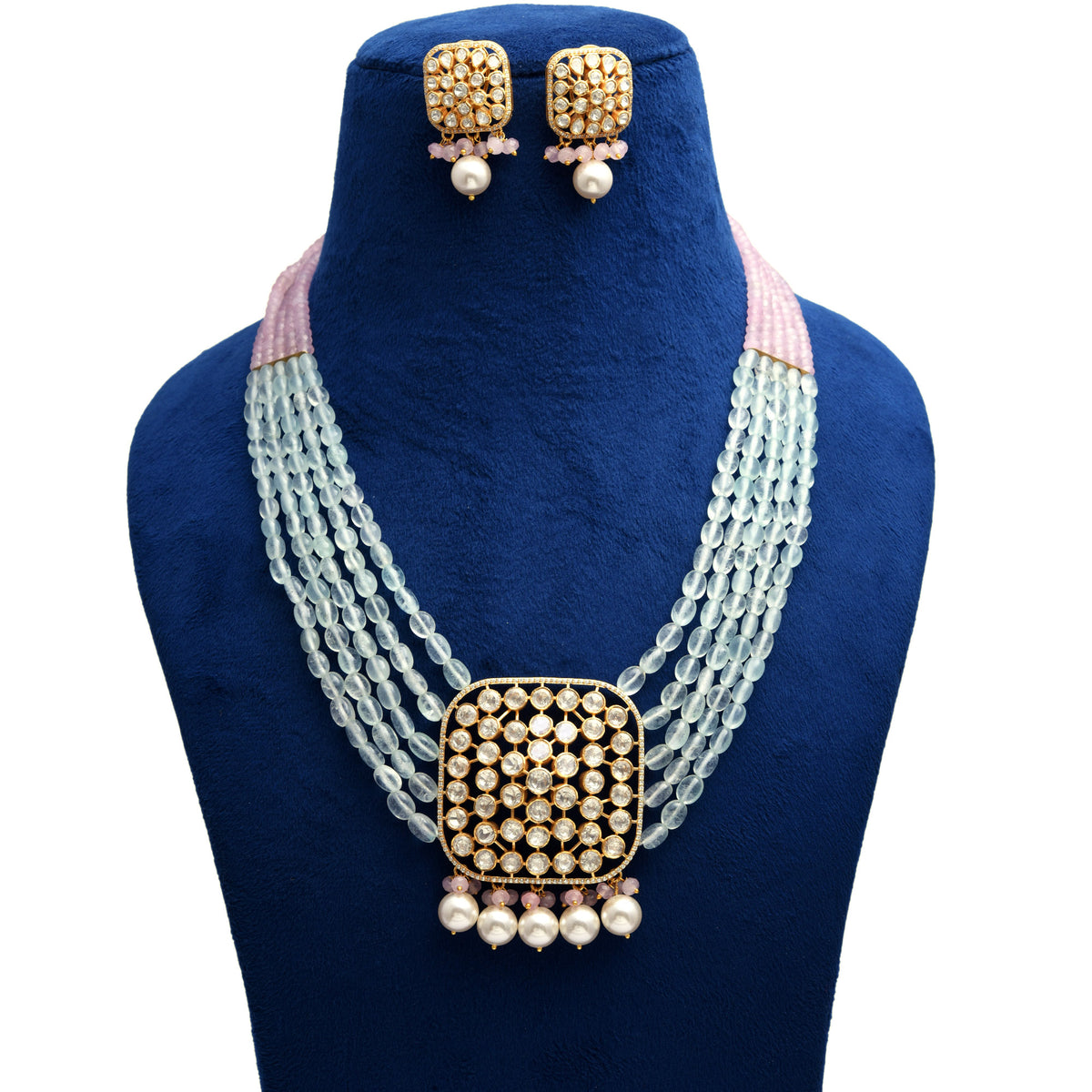 Handcrafted 925 Silver Gold Plated Open Moissanite Polki Choker with Semi-Precious Quartz Beads