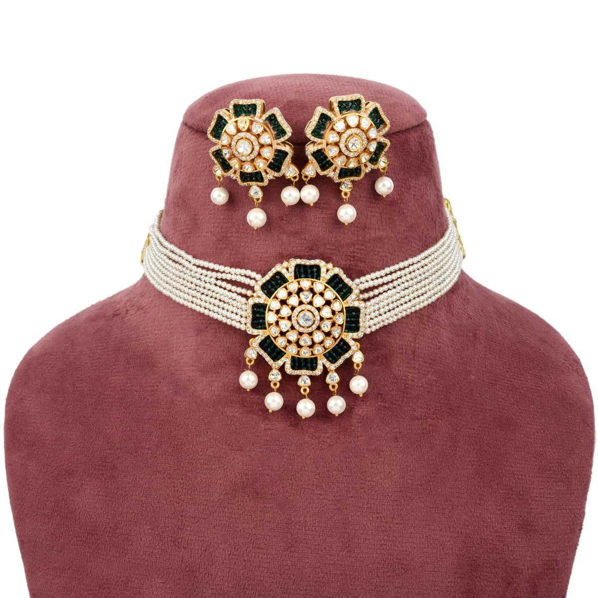 Handcrafted 925 Silver Gold Plated Open Moissanite Polki Choker Set with Pearl Accents