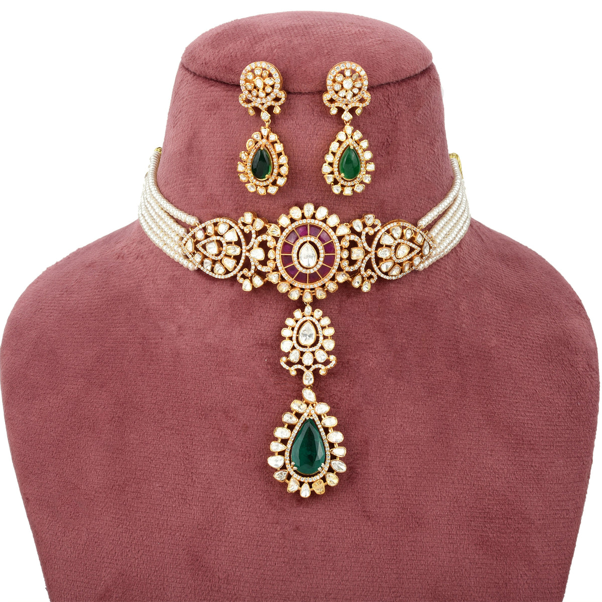 925 Silver Gold Plated Open Polki Choker Set with Semi-Precious Emeralds