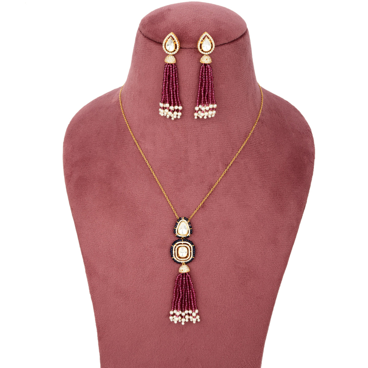 Handcrafted 925 Silver Gold Plated Open Moissanite Polki Pendant Set with Ruby-Toned Tassels
