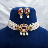 925 Silver Gold Plated Navratan Polki Choker Set with Pearl Strands