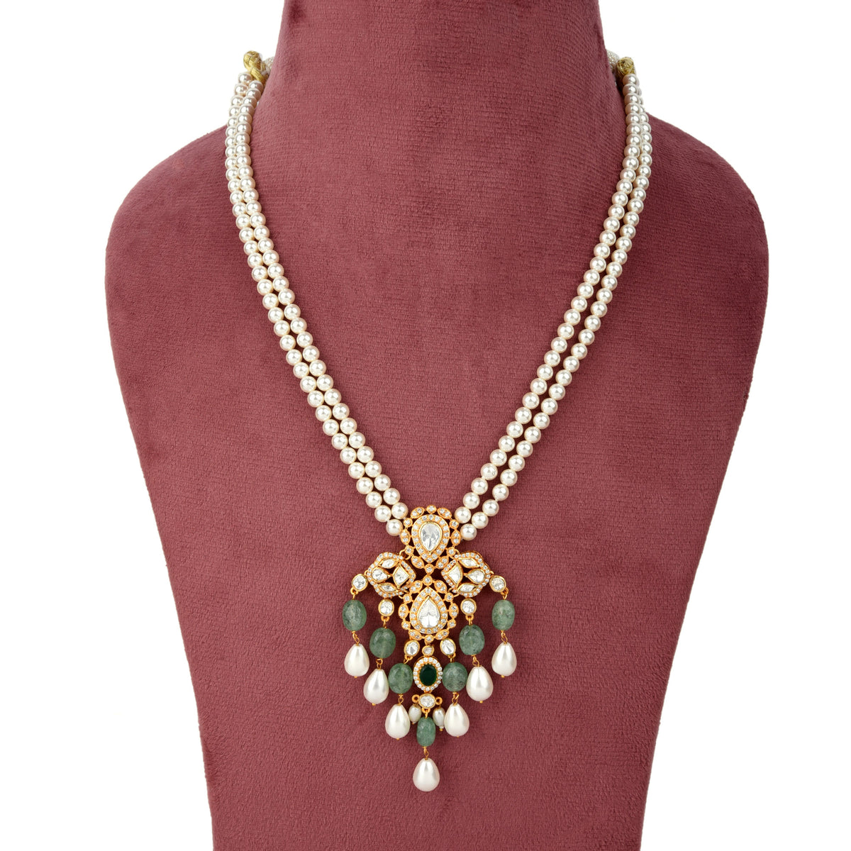 Handcrafted 925 Silver Gold Plated Open Moissanite Polki Necklace & Earring Set with Pearl Accents
