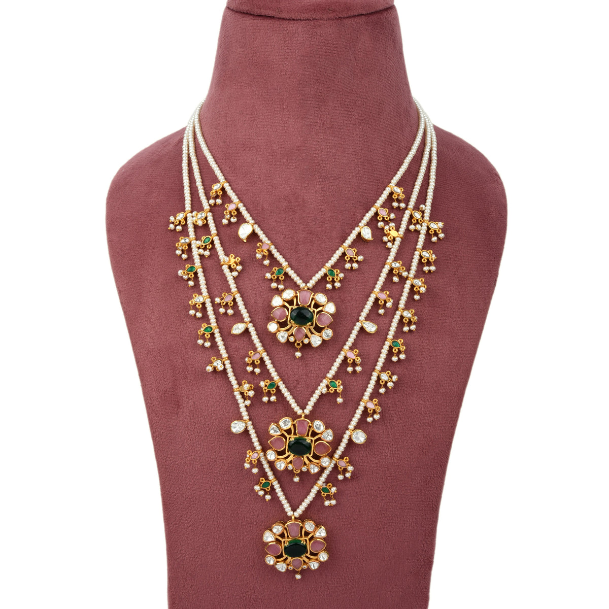 Handcrafted 925 Silver Gold Plated Open Moissanite Polki Necklace Set with Pearl Strands