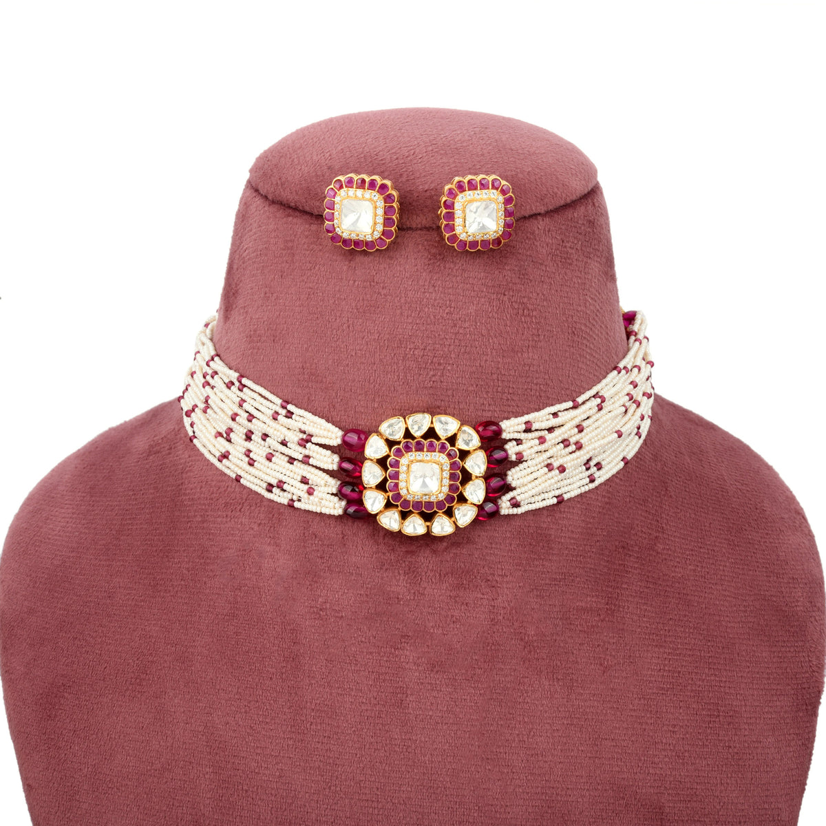 Handcrafted 925 Silver Gold Plated Open Moissanite Polki Choker Set with Ruby Accents