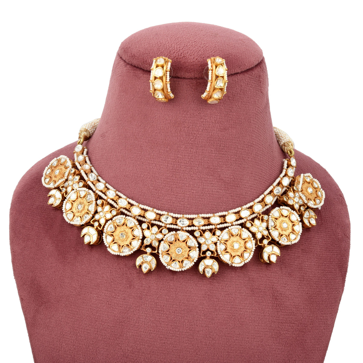 Handcrafted 925 Silver Gold Plated Open Moissanite Polki Bridal Choker Set with Pearl Strands