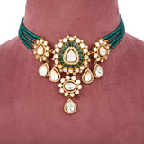 Handcrafted 925 Silver Gold Plated Open Moissanite Polki Bridal Choker Set with Semi-Precious Emeralds
