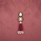 Handcrafted 925 Silver Gold Plated Open Moissanite Polki Pendant Set with Ruby-Toned Tassels
