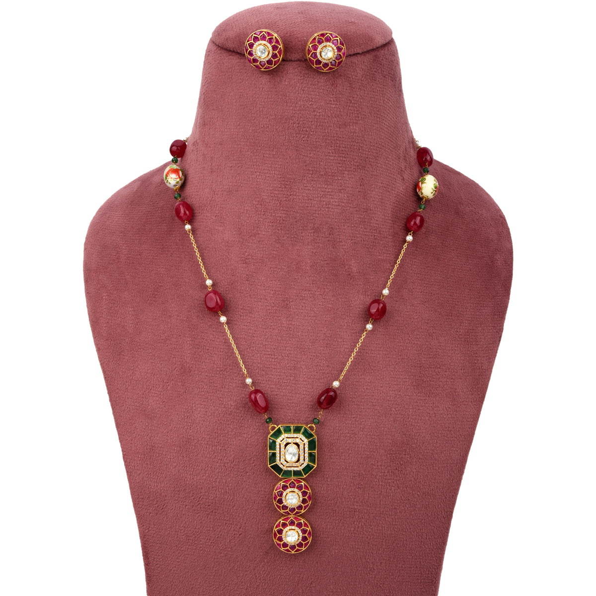 925 Silver Gold Plated Moissanite Polki Necklace Set with Green & Pink Semi- Precious Stone