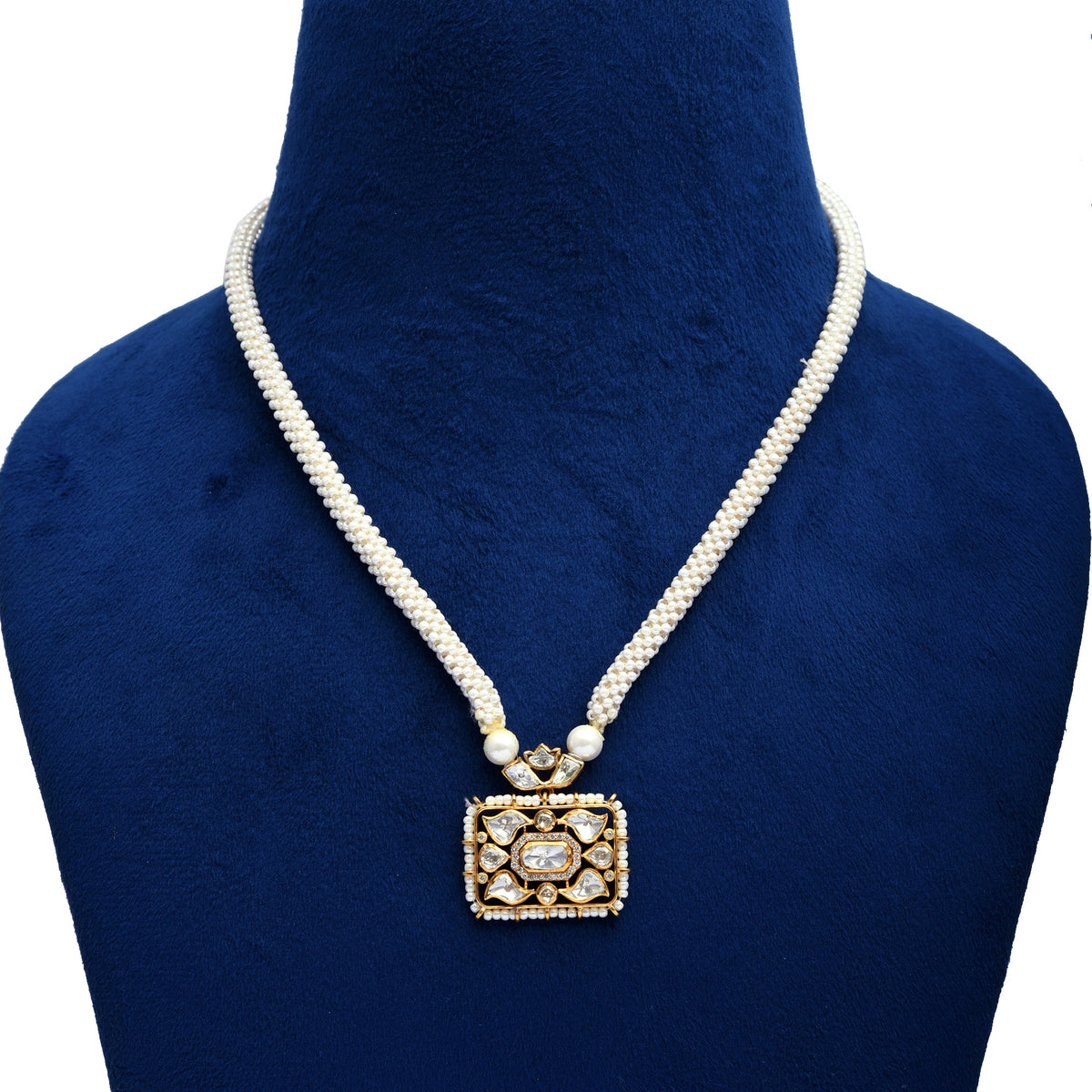 Handcrafted 925 Silver Gold Plated Open Polki Pendant on Pearl Crafted Puwai Necklace