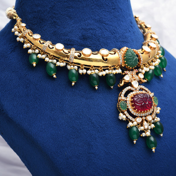 925 Silver Gold Plated Floral Moissanite Polki Necklace with Semi-Precious Beads