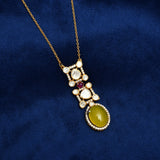 Yellow Saphire Glow 925 Silver Gold Plated Monzonite Polki Pendant Set