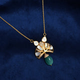 925 Silver Gold Plated Open Moissanite Polki & Green Drop Pendant Set