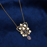 9925 Silver Gold Plated Open Moissanite Polki & Rose Quartz Drop Pendant Set