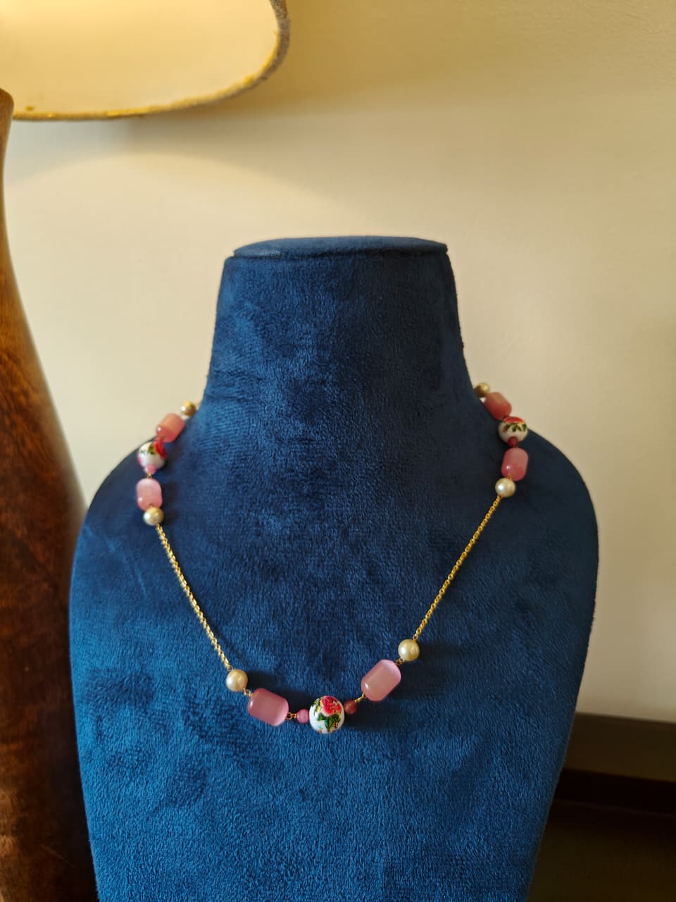 Hand Painted Beads & Pink Bead 925 Silver Gold Polished Chain
