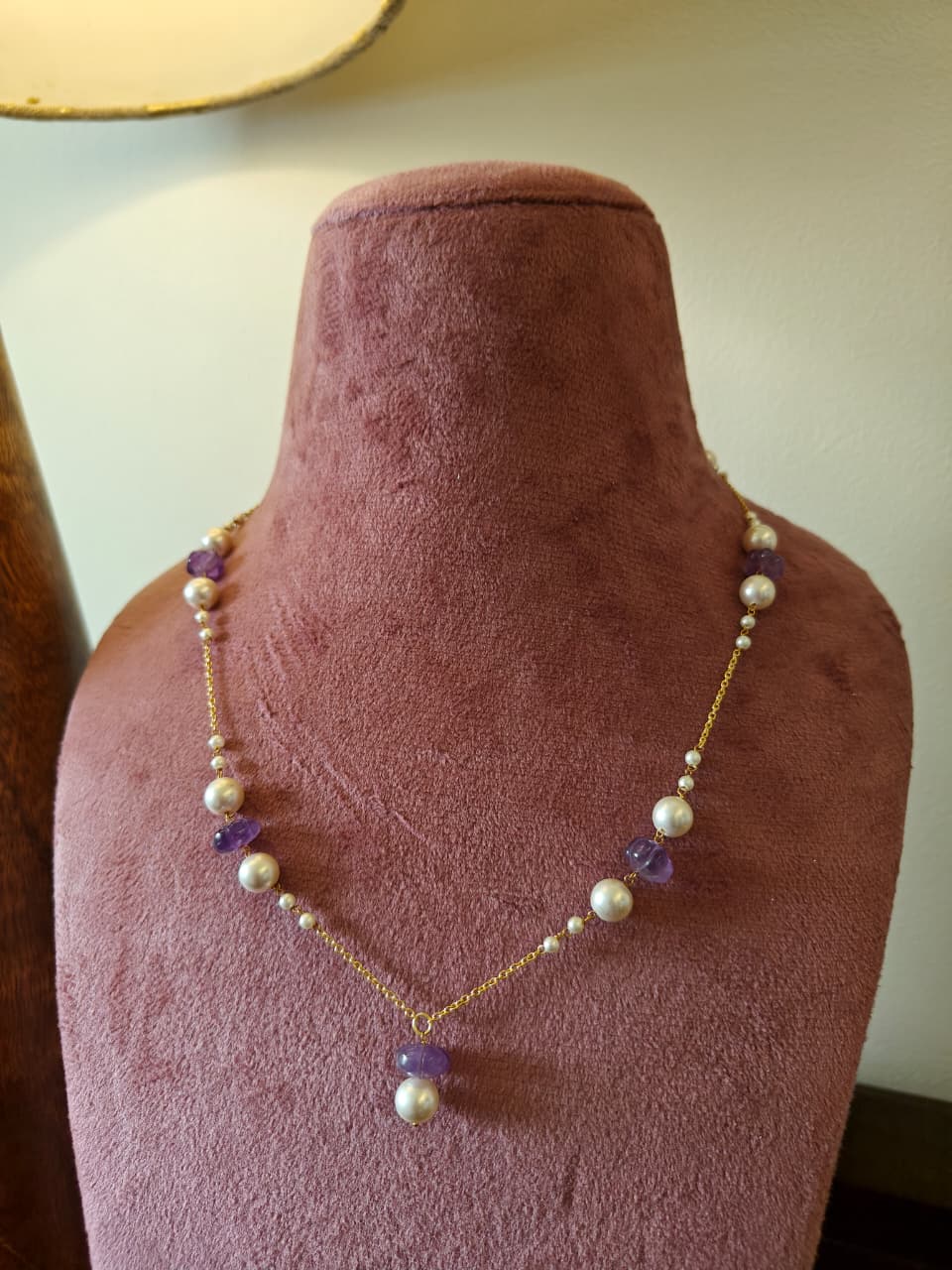 Amethyst Melon Bead Topped with Freshwater Pearl in Gold Polished 925 Silver