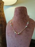 Pink stone & Pearl Station Necklace in Gold Polished 925 Silver