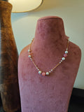 Pink stone & Pearl Station Necklace in Gold Polished 925 Silver