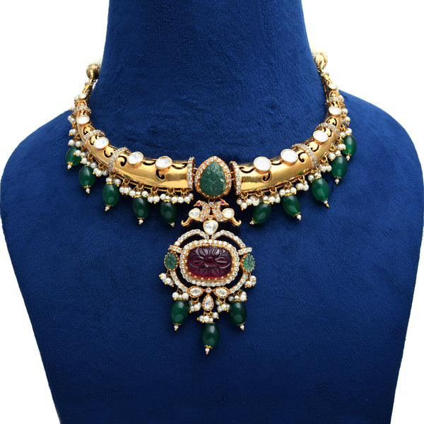 925 Silver Gold Plated Floral Moissanite Polki Necklace with Semi-Precious Beads