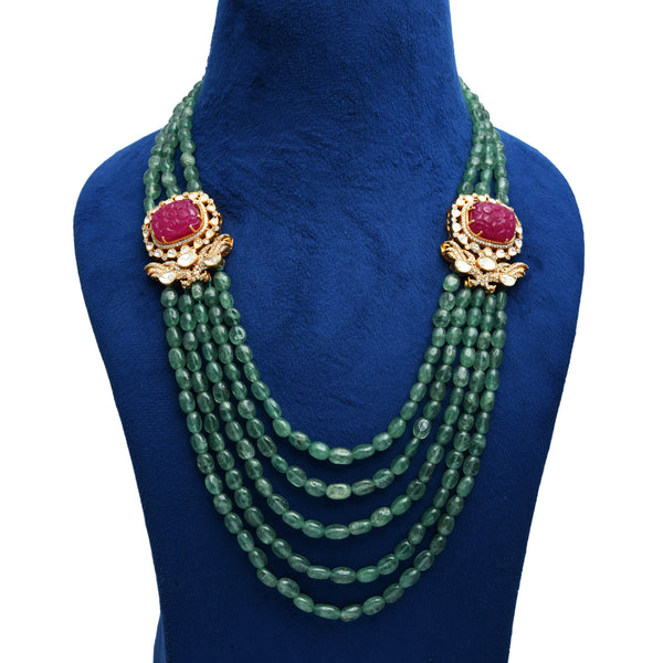 925 Silver Gold Plated Floral Moissanite Polki Long Necklace with Semi-Precious Beads