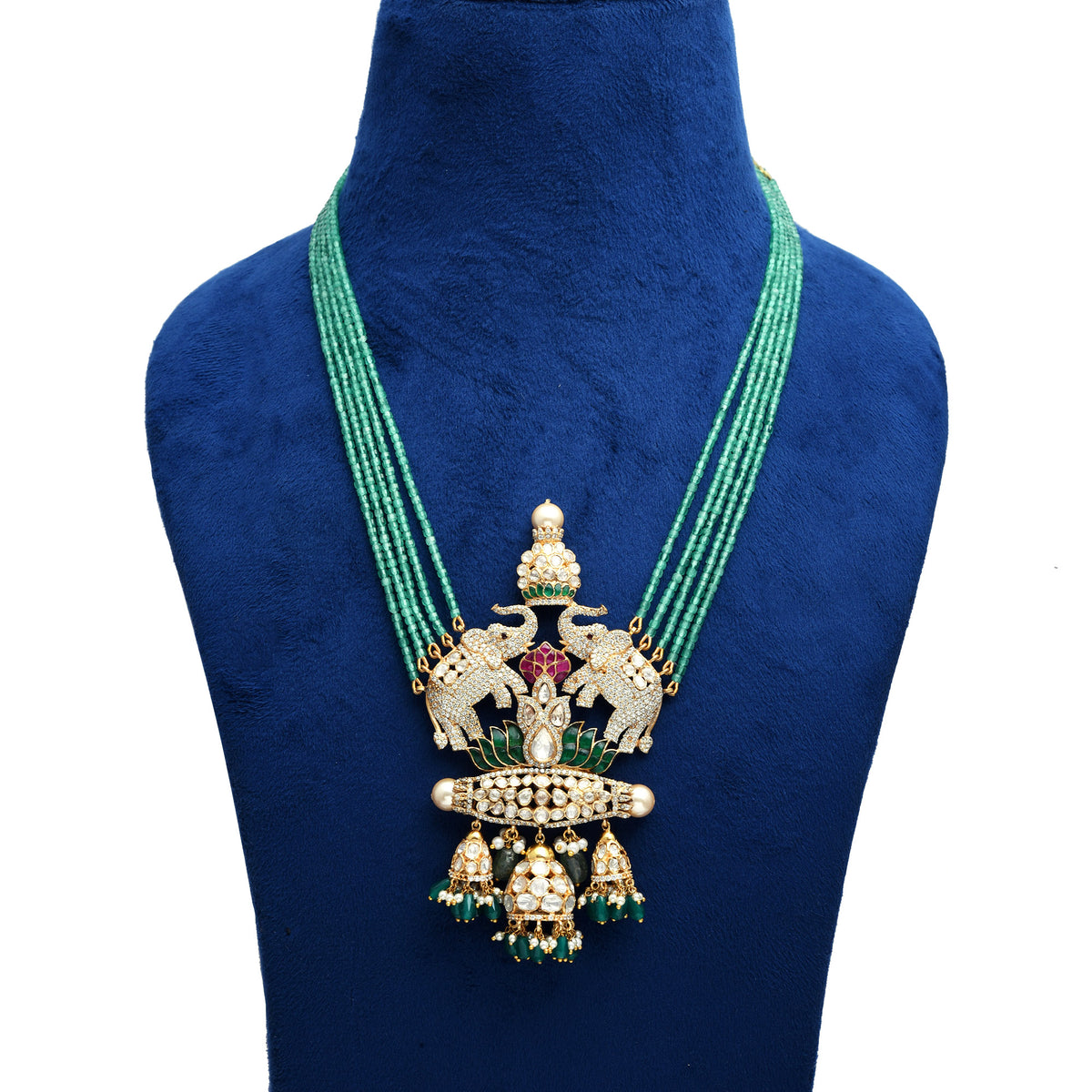 925 Silver Gold Plated Elephant Polki Pendant with Emerald Green Beads