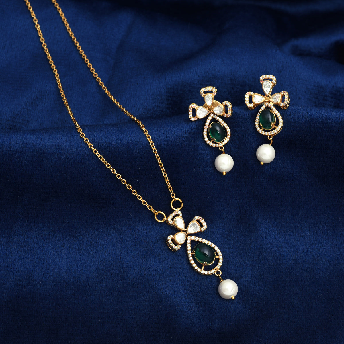 Regal Emerald Green Moissanite Polki Pendant in 925 Sterling Silver Gold Plated