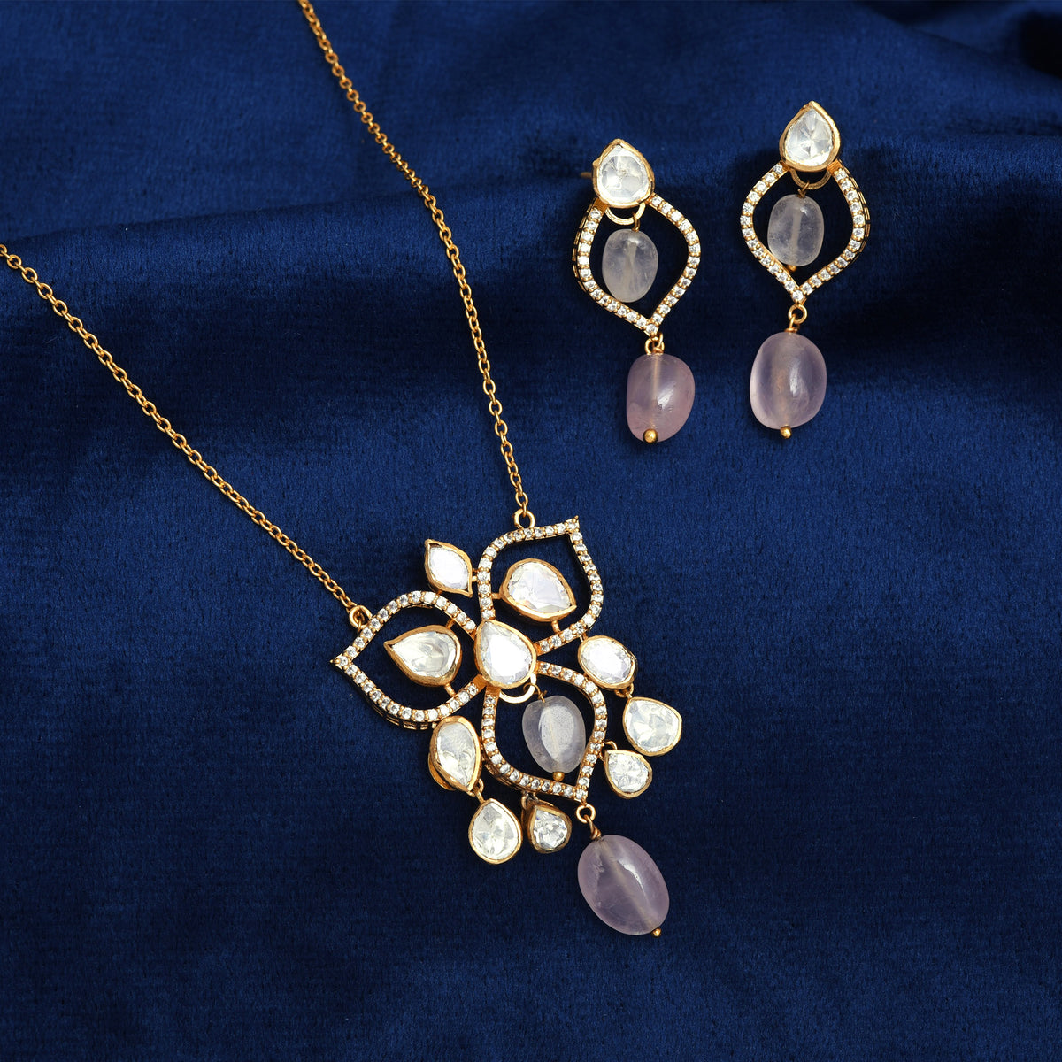 9925 Silver Gold Plated Open Moissanite Polki & Rose Quartz Drop Pendant Set