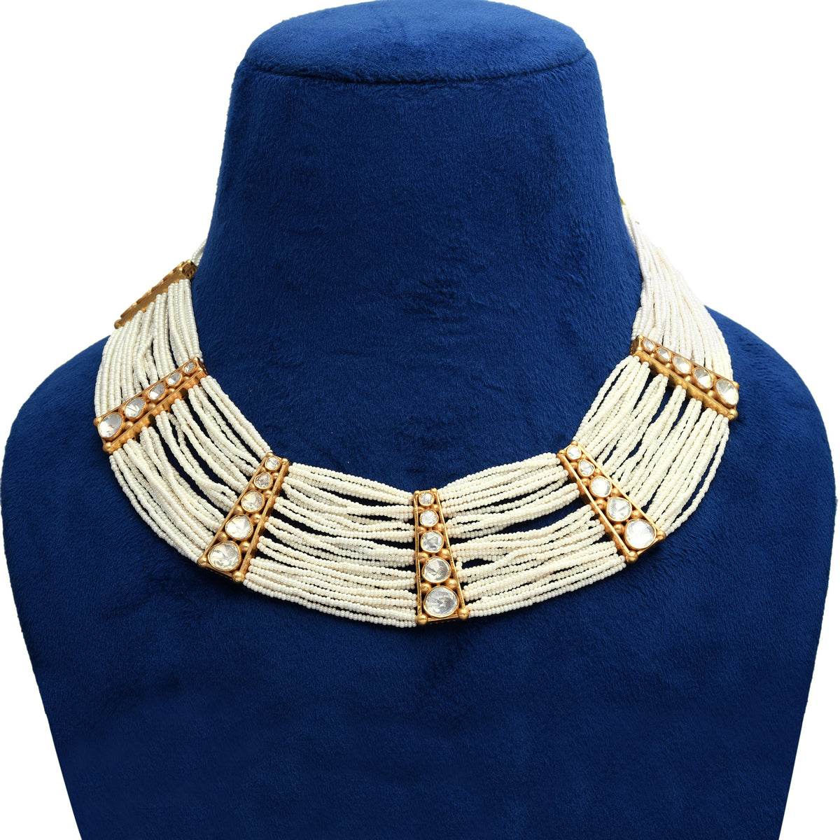 925 Silver Gold Plated Multi-Strand Pearl Choker with Moissanite Polki