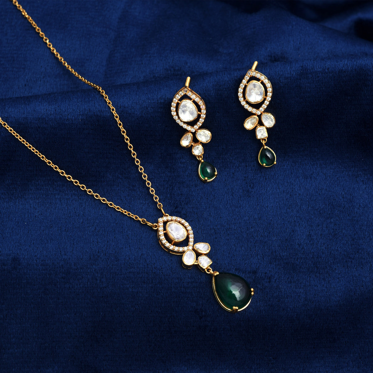 925 Silver Gold Plated Moissanite Polki Necklace Set with Emerald Drops