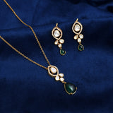 925 Silver Gold Plated Moissanite Polki Necklace Set with Emerald Drops