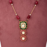 925 Silver Gold Plated Moissanite Polki Necklace Set with Green & Pink Semi- Precious Stone